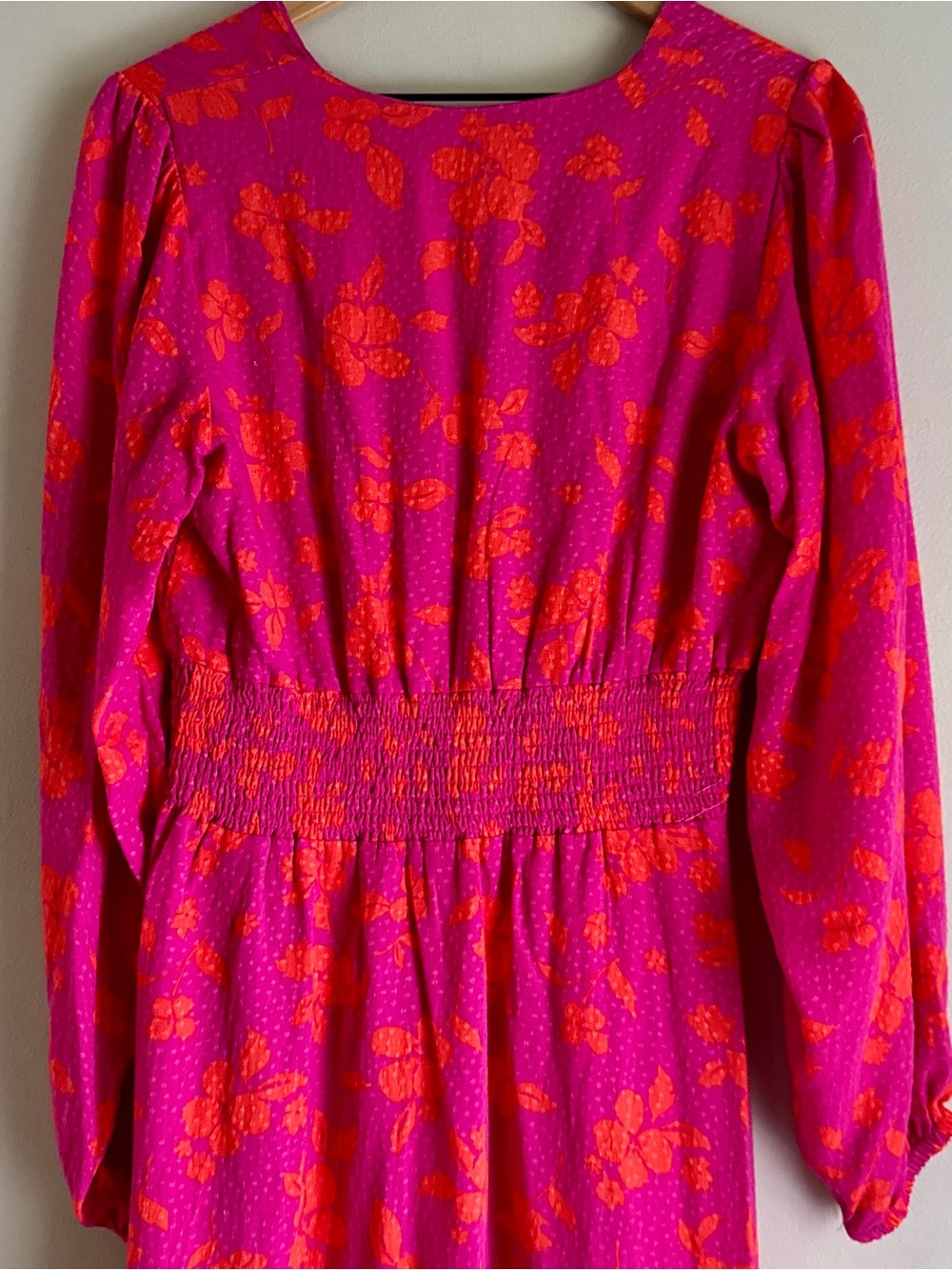 Draper James RSVP Long Sleeve Pink and Orange Floral Cinched Waist Midi Dress - Picture 7 of 8
